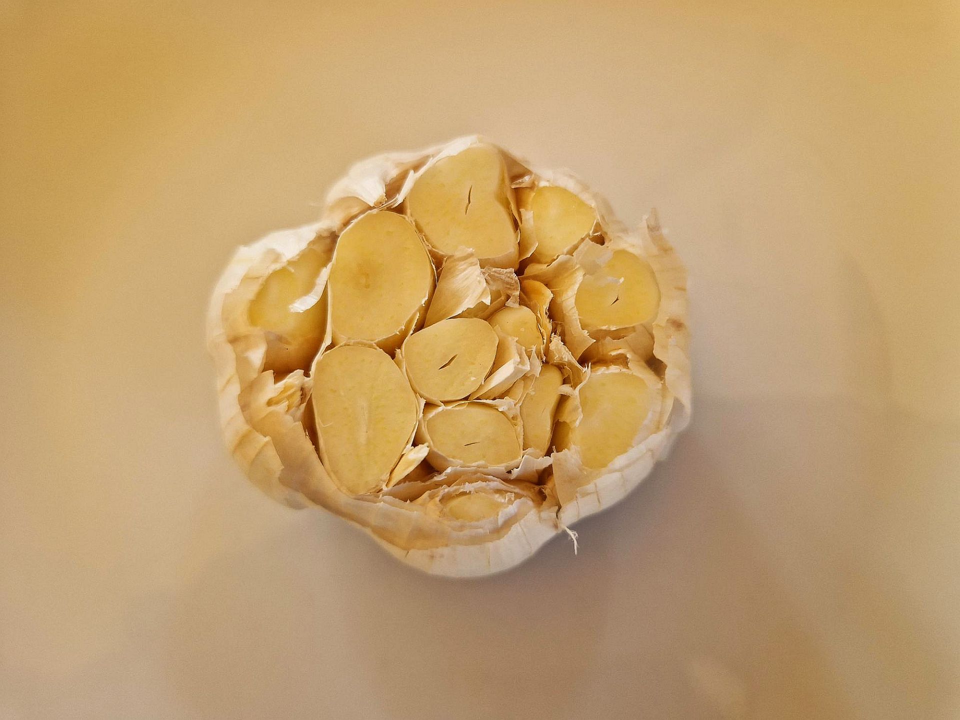 Aufgeschnittener Knoblauch 2 aufgeschnittene Knoblauchknolle